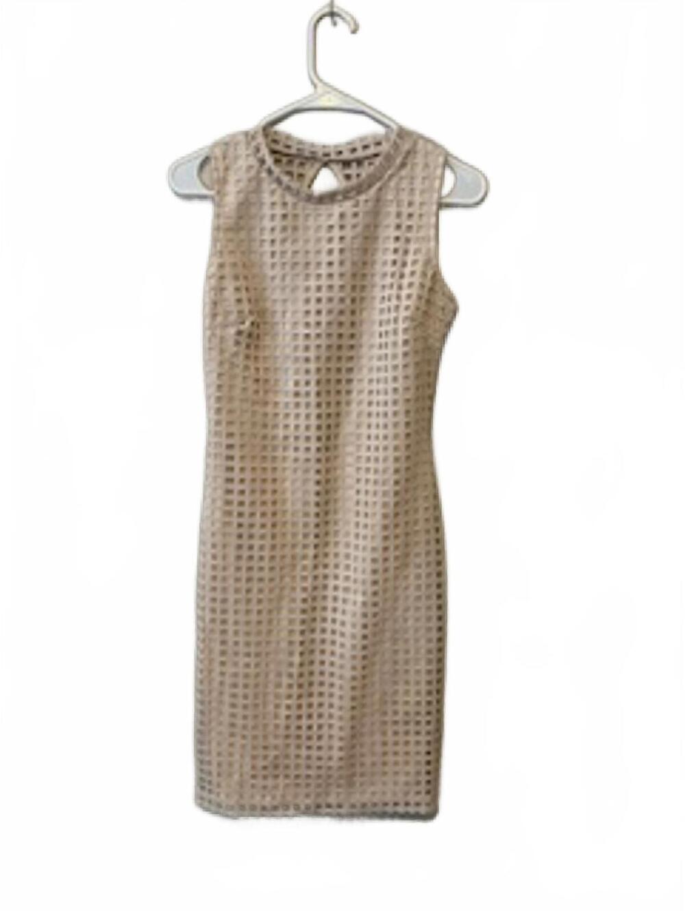 Fab'rik Geometric Mesh Cutout Sheath Dress Beige Tan Nude Shift Minimalist